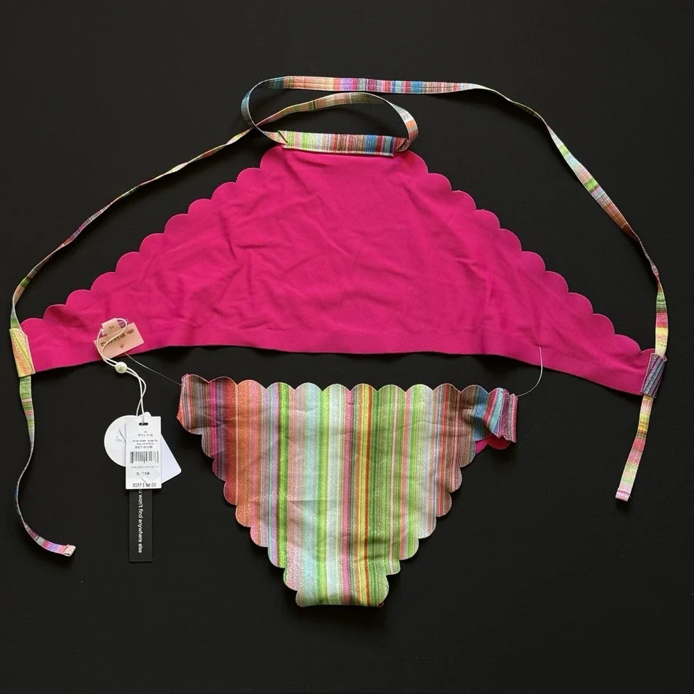 PilyQ Girls 16 Retro Stripe Seamless Scallop High Neck Bikini‎ Reversible NWT